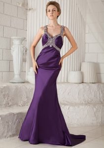 Straps Dark Purple Taffeta Prom Dress with Beading and Cool Back