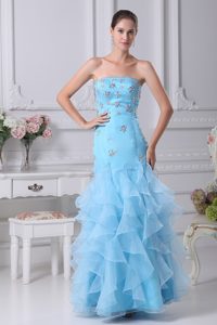 Aqua Blue Ankle-length Strapless Ruffled Fashionable Dress for Prom Queen