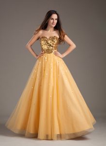 Romantic Sweetheart Gold Prom DressCourt with Sequins under 150