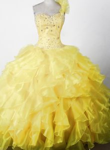 Discount Beaded and Ruffled One Shoulder Long Girl Pageant Dress in Yellow