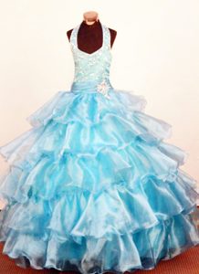 Halter Ball Gown Blue Organza Little Girls Pageant Dress with Ruffles and Beading