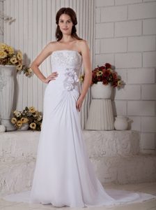 High End Strapless Court Train Chiffon Wedding Bridal Gown with Beading