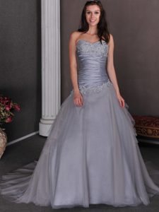 Dreamy Grey Court Train Wedding Bridal Gown in Taffeta and Tulle