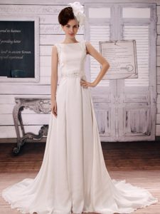 Elegant White Beaded Bateau Wedding Bridal Dress with Court Train on Promotion