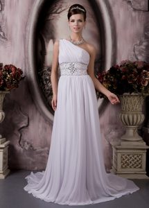 Empire One Shoulder Chiffon Wedding Gown Dresses with Beading and Ruching