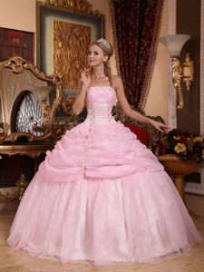 Nice Baby Pink Ball Gown Strapless Appliqued Quinces Dress in Organza