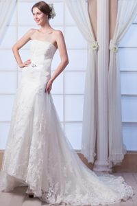 Elegant Strapless Court Train Wedding Dress in Lace with Beading