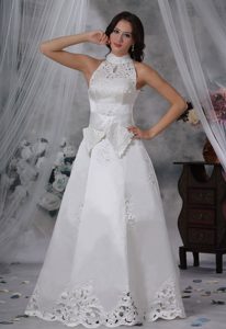 High-neck Appliqued Satin Vintage Wedding Dresses with Bowknot