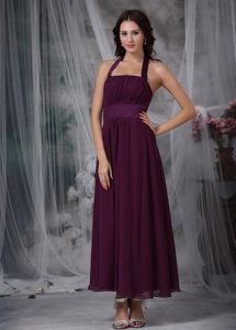 Burgundy Halter Ankle-length Ruched Chiffon Maid of Honor Dress with Sash