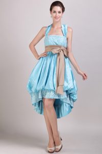 Aqua Blue Princess Halter High-low Taffeta Bridesmaid Dress with Bowknot