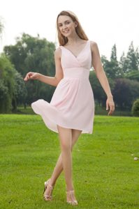 Empire V-neck Mini-length Chiffon Bridesmaid Dress with Ruching in Baby Pink