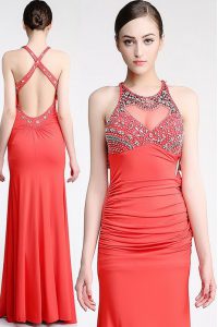 Scoop Watermelon Red Chiffon Criss Cross Prom Dress Sleeveless Floor Length Beading