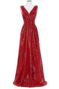 Modern Sequins With Train Red Prom Dress V-neck Sleeveless Brush Train Zipper
