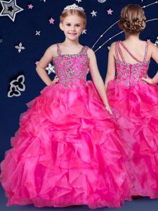 Ball Gowns Little Girls Pageant Dress Wholesale Hot Pink Asymmetric Organza Sleeveless Floor Length Zipper