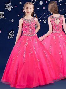 Scoop Sleeveless Organza Floor Length Zipper Little Girl Pageant Dress in Hot Pink with Beading