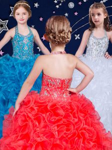 Smart Halter Top Sleeveless Organza Floor Length Lace Up Pageant Gowns For Girls in White and Coral Red and Blue with Be