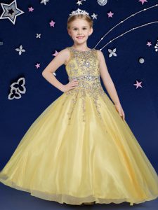 Ball Gowns Child Pageant Dress Gold Scoop Organza Sleeveless Floor Length Zipper