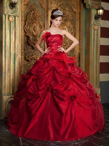 Strapless Taffeta Beaded Quinces Dress with Hand Made Flowers in Red