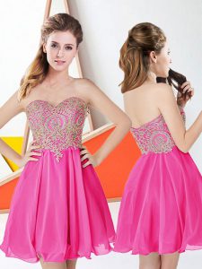 Popular Hot Pink Chiffon Zipper Sweetheart Sleeveless Knee Length Homecoming Dress Appliques