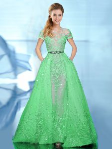 Green Tulle Zipper Scoop Short Sleeves With Train Evening Dress Brush Train Beading