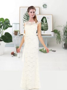Affordable Scoop Floor Length White Prom Evening Gown Lace Sleeveless Bowknot