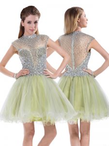 Charming Yellow Green Zipper High-neck Beading and Lace Dress for Prom Organza Sleeveless