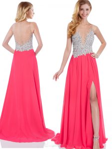 Customized V-neck Sleeveless Brush Train Zipper Prom Party Dress Coral Red Chiffon