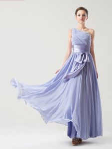 Lavender Empire One Shoulder Sleeveless Chiffon Floor Length Side Zipper Ruching and Bowknot Prom Evening Gown