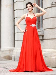 Cute Coral Red Prom and Party and For with Beading Spaghetti Straps Sleeveless Brush Train Zipper