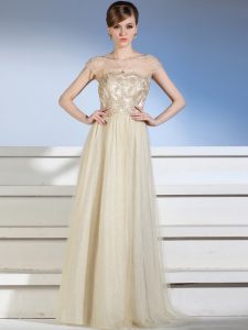 Perfect Sleeveless Floor Length Appliques Side Zipper Prom Dress with Champagne