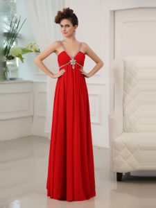 Red Chiffon Zipper V-neck Sleeveless Floor Length Evening Dress Beading and Ruching
