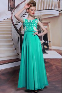 Popular Scoop Cap Sleeves Prom Party Dress Floor Length Beading Turquoise Chiffon