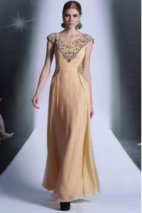 Scoop Floor Length Peach Homecoming Dress Chiffon Cap Sleeves Beading and Appliques