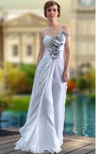 Popular Silver Column/Sheath Chiffon V-neck Sleeveless Beading and Ruching Floor Length Zipper Prom Dress