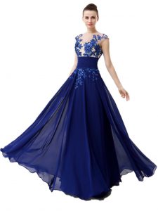 Blue Prom Party Dress Prom and For with Beading and Appliques High-neck Cap Sleeves Zipper