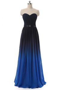 Blue And Black Lace Up Sweetheart Ruching and Belt Evening Dress Chiffon Sleeveless