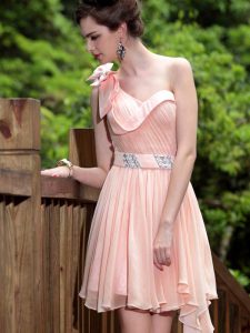 Glittering One Shoulder Pink Sleeveless Floor Length Beading Side Zipper Homecoming Dress