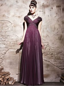Fantastic Purple Chiffon Side Zipper Homecoming Dress Cap Sleeves Floor Length Beading and Ruching