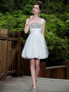 White Sleeveless Knee Length Beading Side Zipper Prom Party Dress