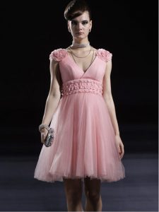 Spectacular Baby Pink Column/Sheath V-neck Sleeveless Tulle Knee Length Zipper Appliques Prom Dresses