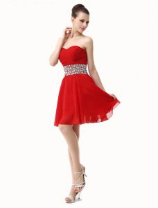 Suitable Sleeveless Mini Length Beading and Ruffles Lace Up Dress for Prom with Red