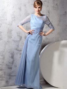 Light Blue Column/Sheath Scoop Half Sleeves Chiffon Ankle Length Zipper Beading and Ruching Evening Dress