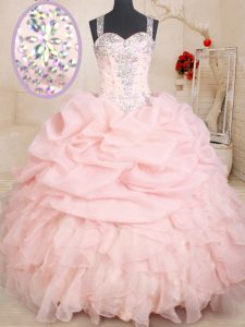 Affordable Baby Pink Straps Neckline Beading and Ruffles and Pick Ups Sweet 16 Dress Sleeveless Zipper