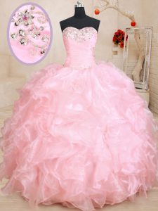 Baby Pink Organza Lace Up Sweetheart Sleeveless Floor Length 15th Birthday Dress Beading and Ruffles