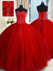 Fine Red Sweetheart Lace Up Beading and Appliques 15th Birthday Dress Sleeveless
