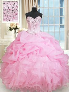 Custom Fit Pick Ups Sweetheart Sleeveless Lace Up Vestidos de Quinceanera Rose Pink Organza