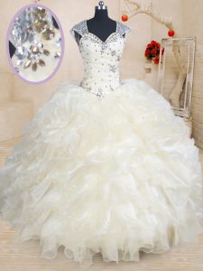 Straps Floor Length Champagne Sweet 16 Quinceanera Dress Organza Cap Sleeves Beading and Ruffles