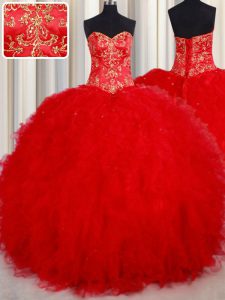 Fashion Red Tulle Lace Up Sweetheart Sleeveless Floor Length Sweet 16 Quinceanera Dress Beading and Embroidery