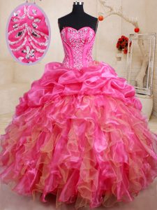 Dynamic Hot Pink Ball Gowns Sweetheart Sleeveless Organza Floor Length Lace Up Beading and Ruffles and Pick Ups 15 Quinc