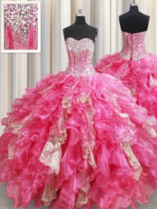 Hot Pink Sweetheart Neckline Beading and Ruffles and Sequins Quinceanera Gown Sleeveless Lace Up